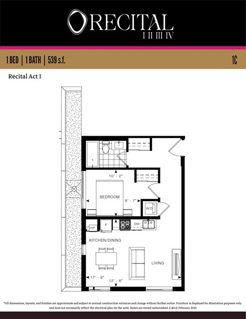 Floor plan for 1 bed, 1 bath, 539 sqft